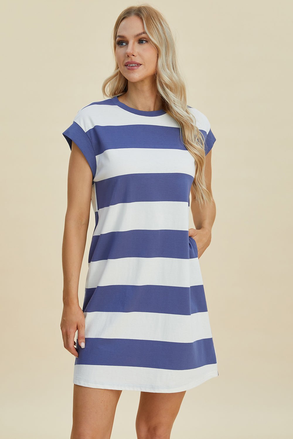 Basic Bae Full Size Striped Round Neck Cap Sleeve Mini Dress - The Coin Has A Say