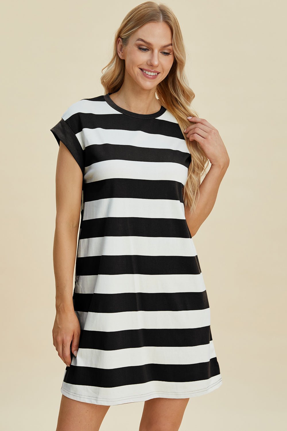 Basic Bae Full Size Striped Round Neck Cap Sleeve Mini Dress - The Coin Has A Say