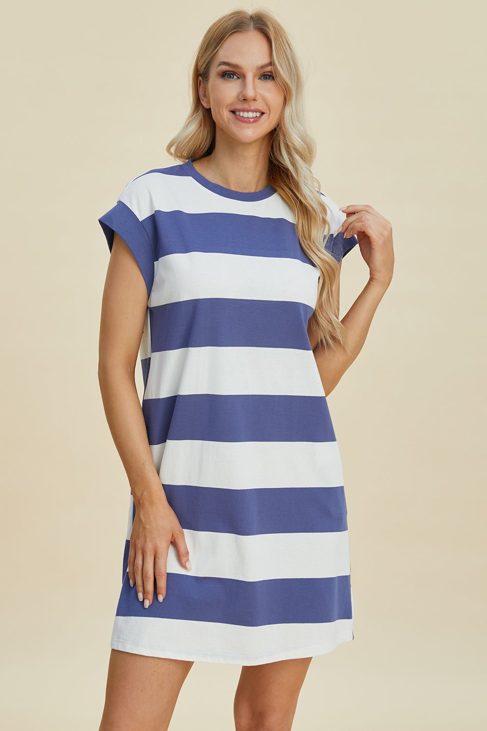 Basic Bae Full Size Striped Round Neck Cap Sleeve Mini Dress - The Coin Has A Say
