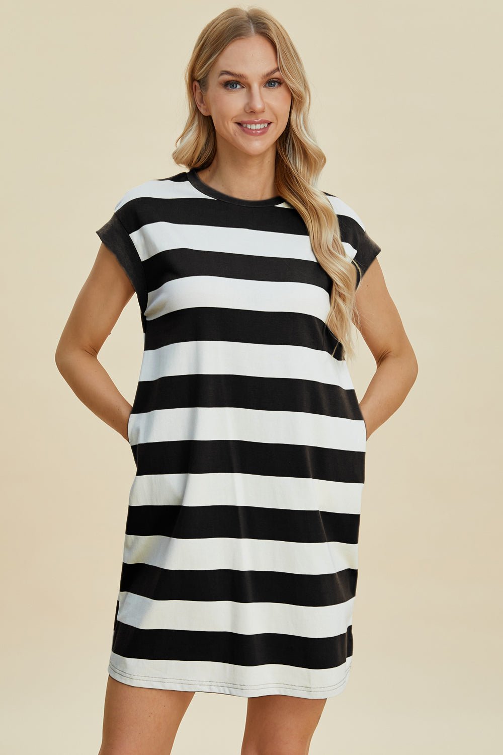 Basic Bae Full Size Striped Round Neck Cap Sleeve Mini Dress - The Coin Has A Say