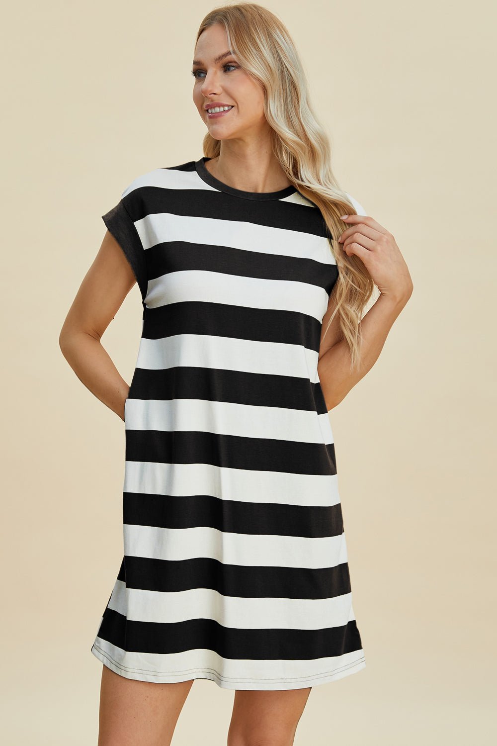 Basic Bae Full Size Striped Round Neck Cap Sleeve Mini Dress - The Coin Has A Say