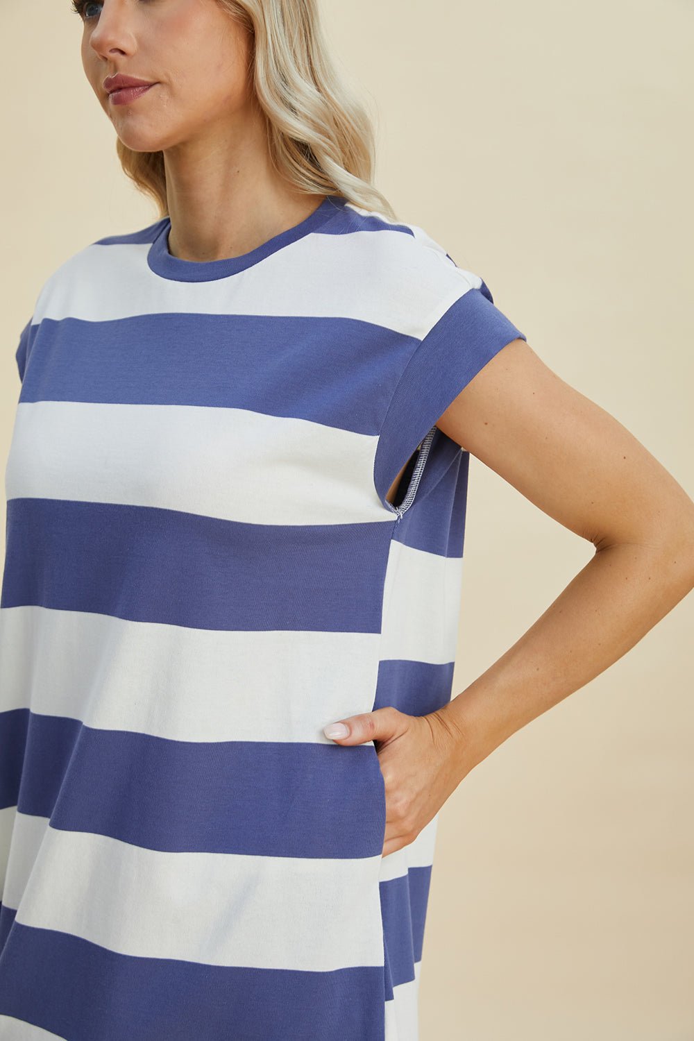 Basic Bae Full Size Striped Round Neck Cap Sleeve Mini Dress - The Coin Has A Say