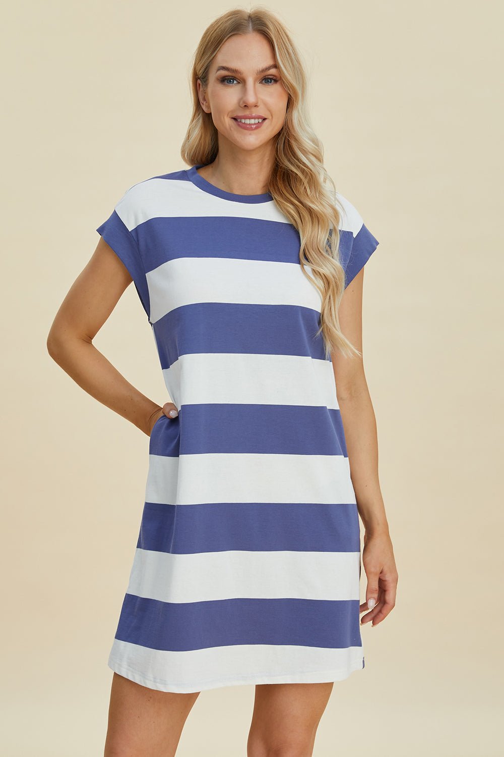 Basic Bae Full Size Striped Round Neck Cap Sleeve Mini Dress - The Coin Has A Say