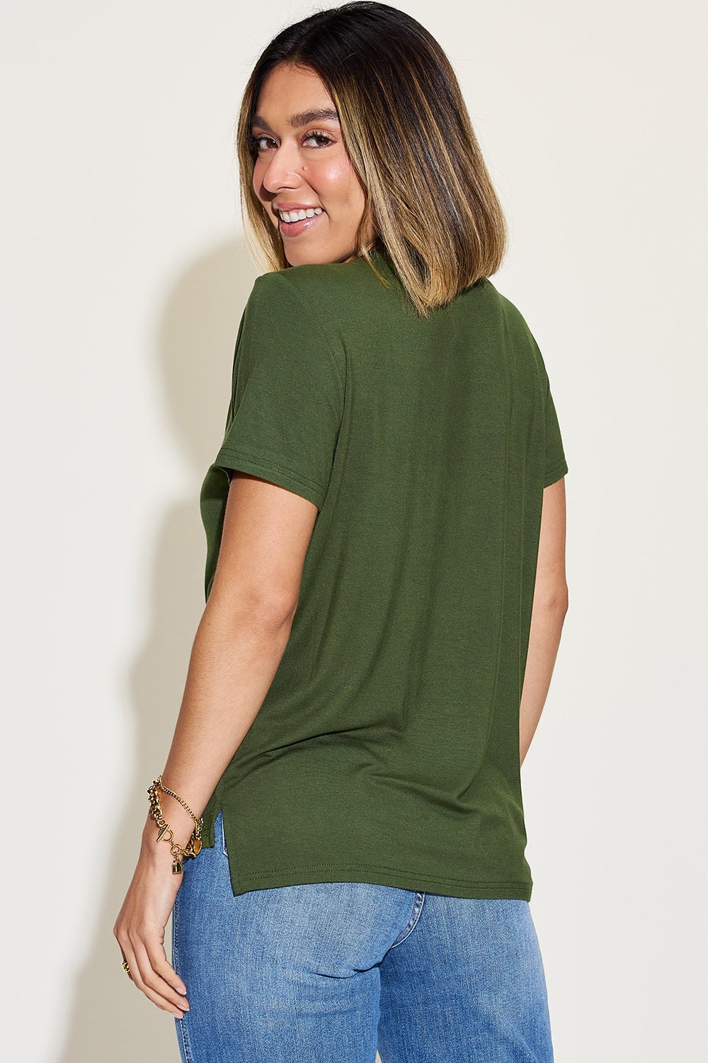 Basic Bae Full Size V-Neck High-Low T-Shirt - The Coin Has A Say