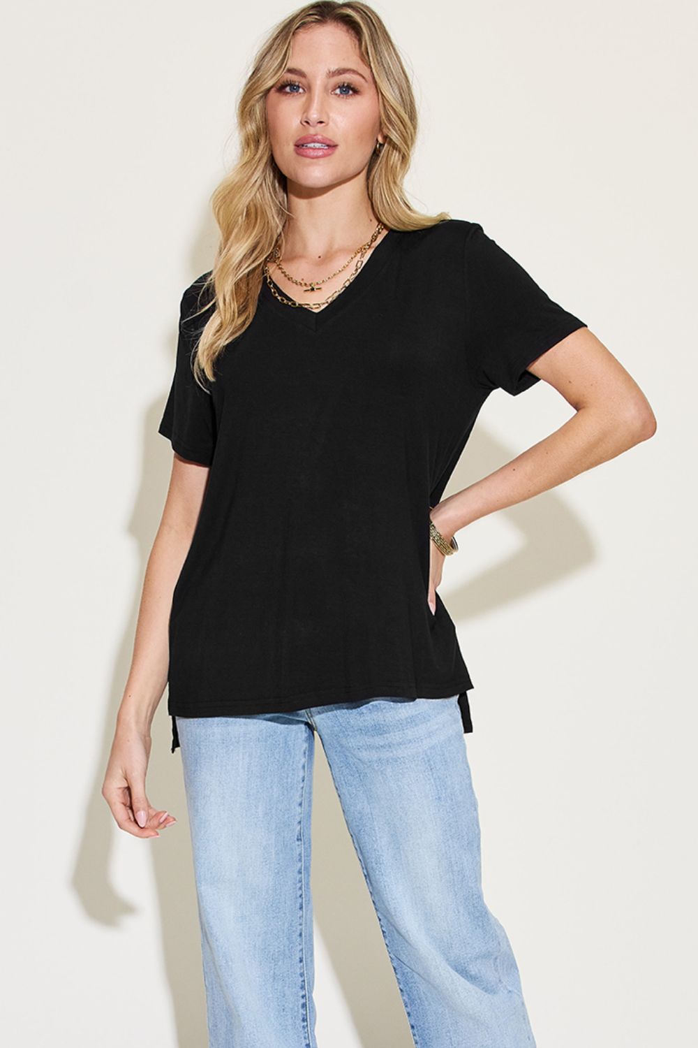 Basic Bae Full Size V-Neck High-Low T-Shirt - The Coin Has A Say
