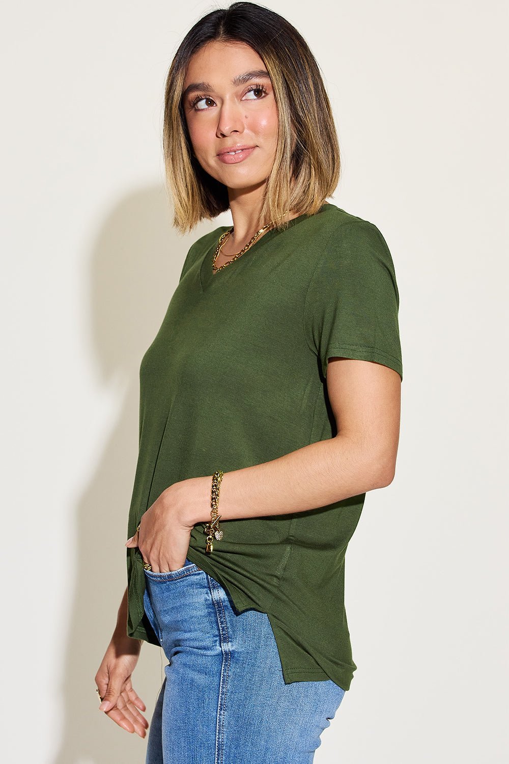 Basic Bae Full Size V-Neck High-Low T-Shirt - The Coin Has A Say