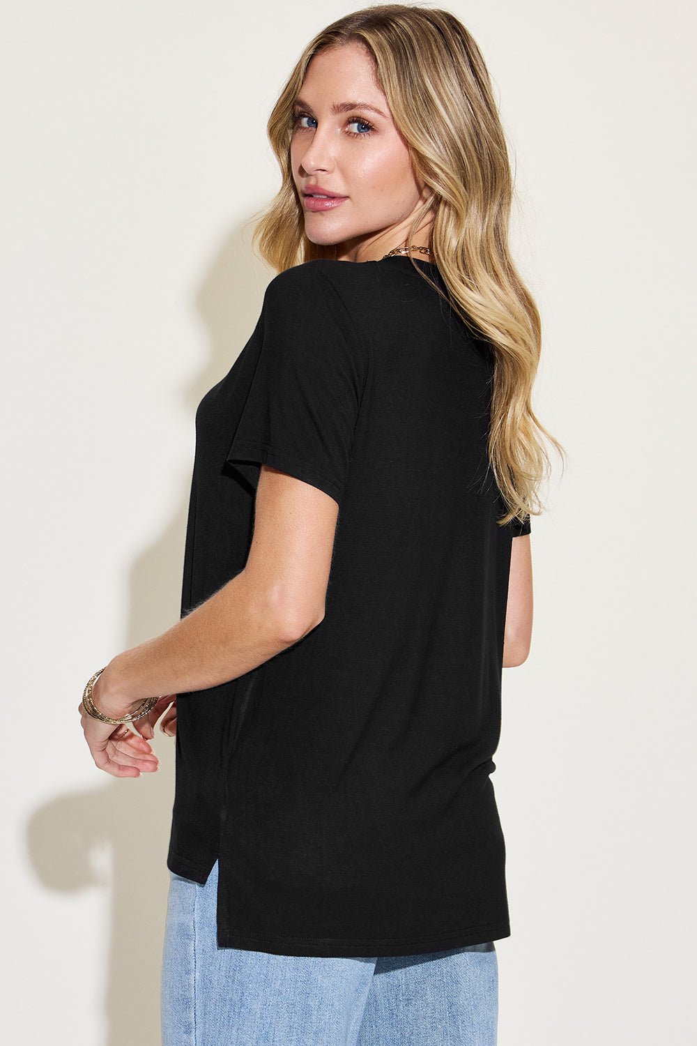 Basic Bae Full Size V-Neck High-Low T-Shirt - The Coin Has A Say