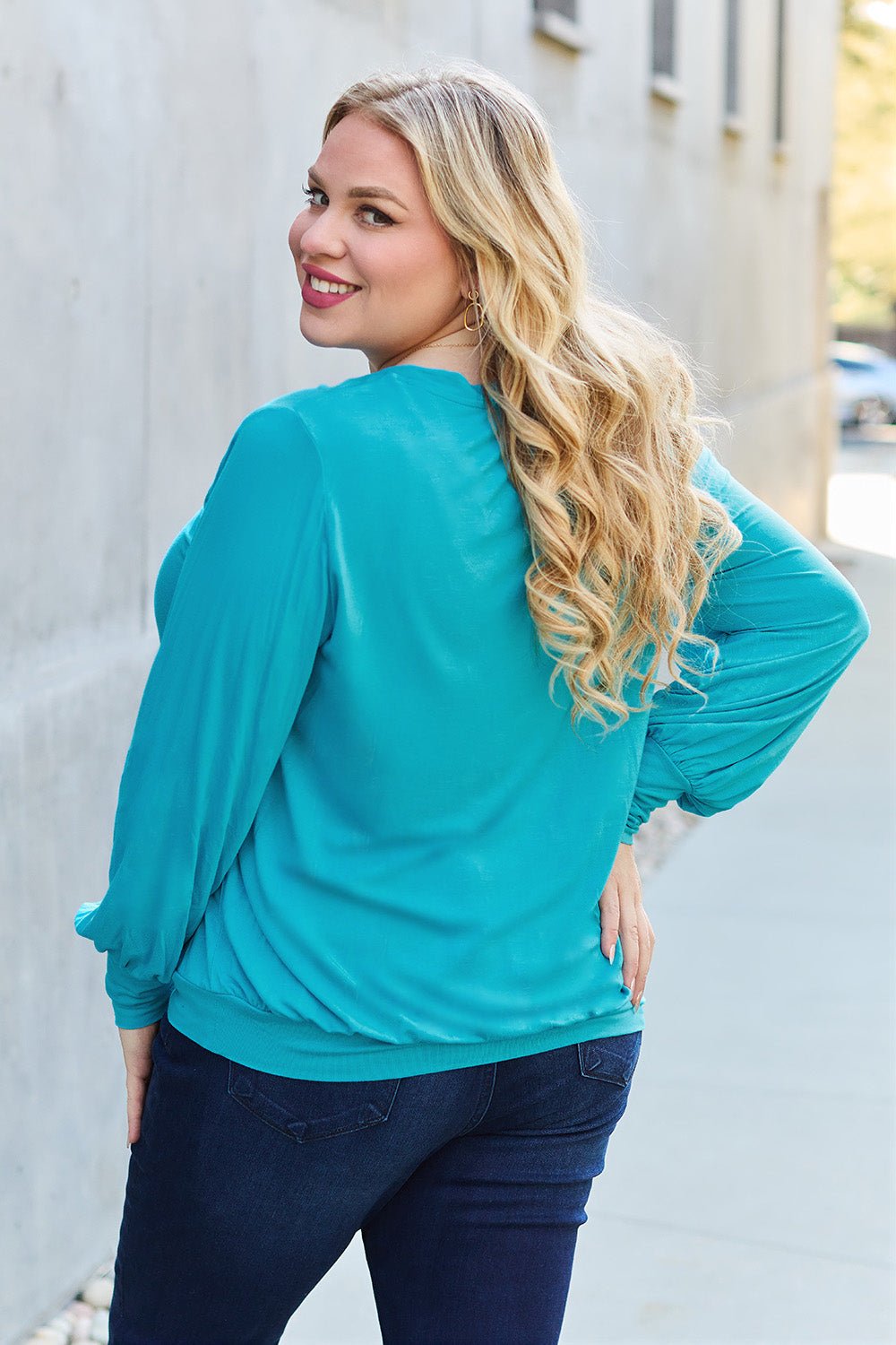 Basic Bae Full Size V-Neck Lantern Sleeve Top - The Coin Has A Say