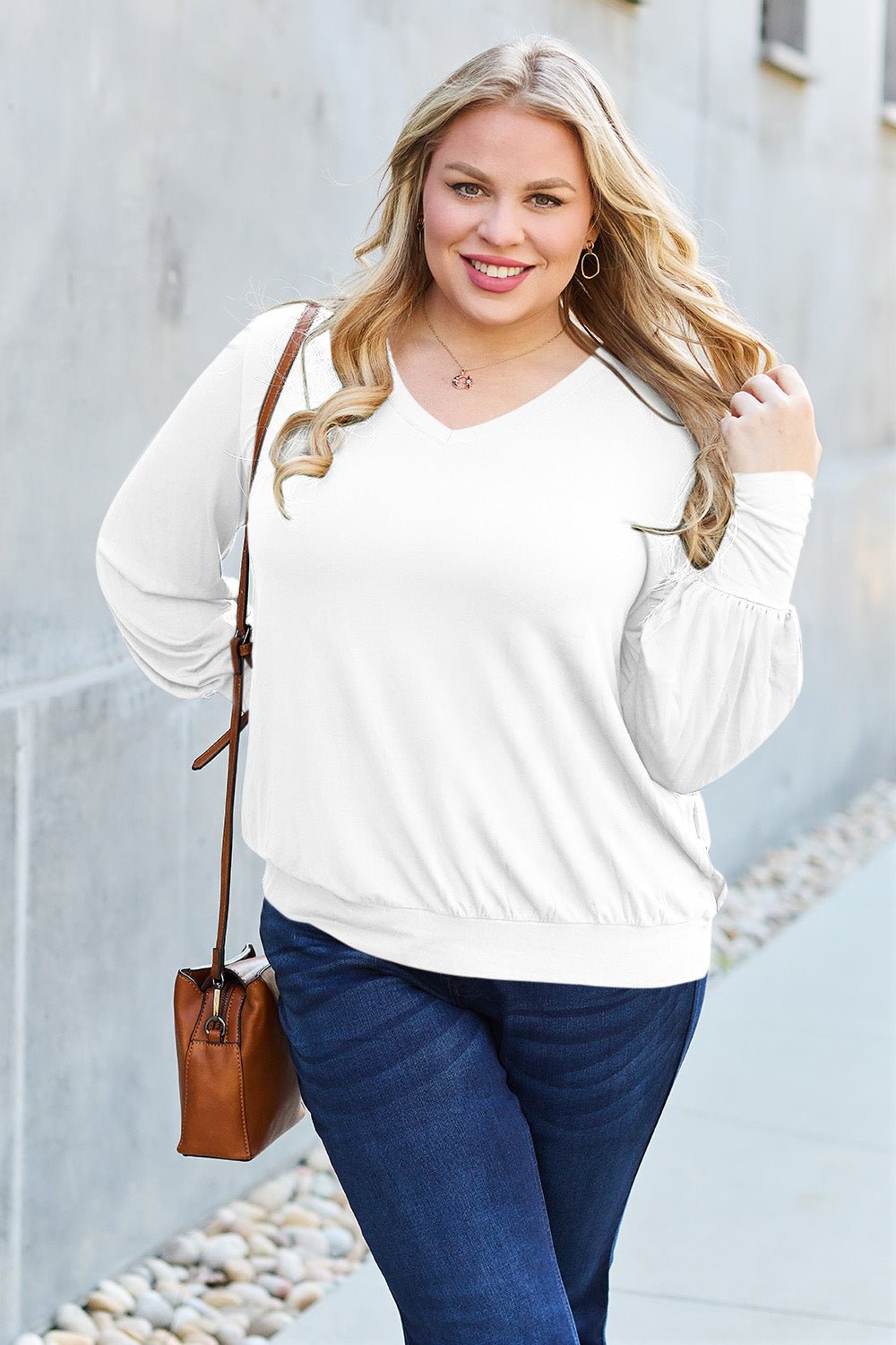 Basic Bae Full Size V-Neck Lantern Sleeve Top - The Coin Has A Say