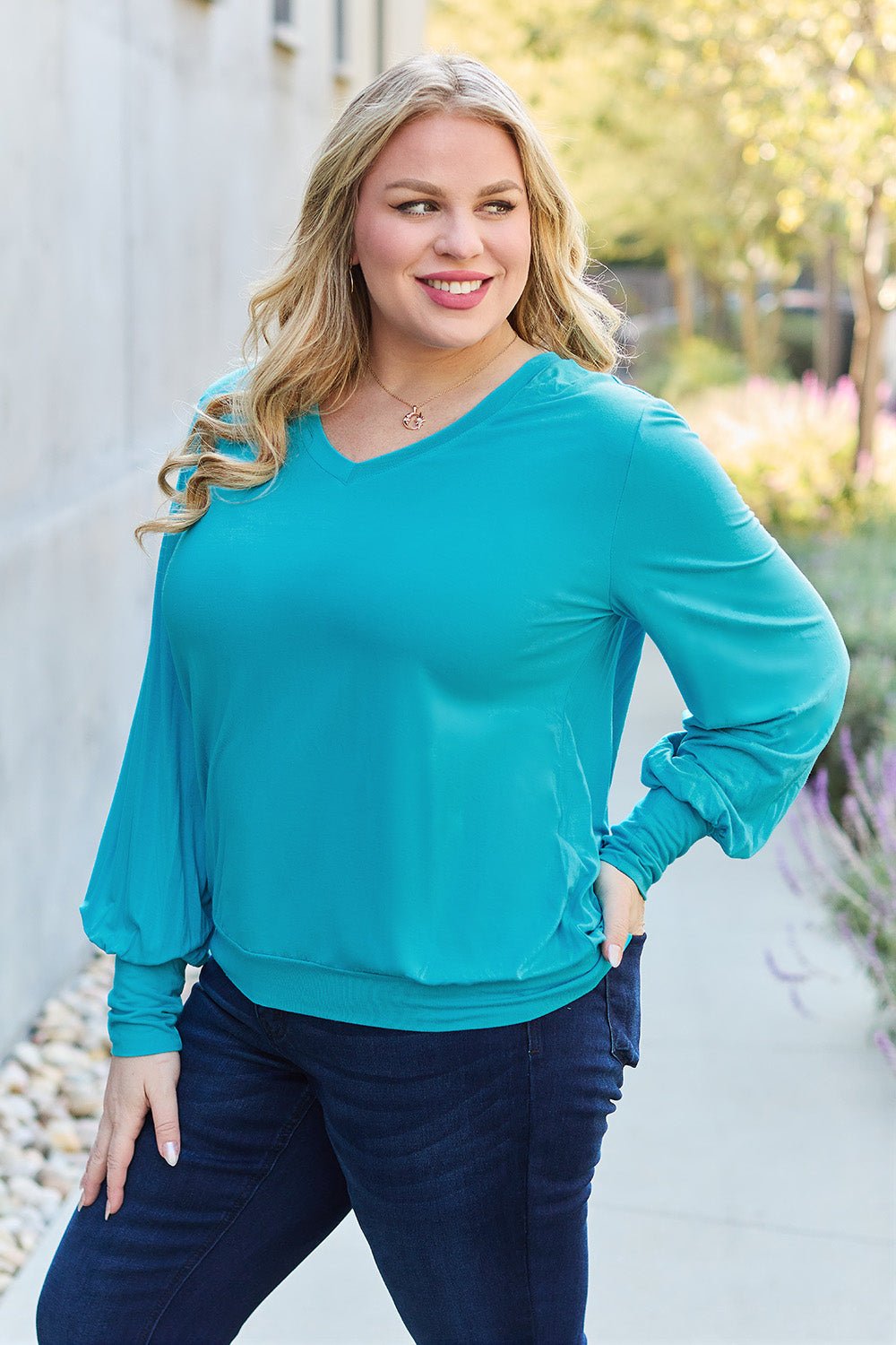 Basic Bae Full Size V-Neck Lantern Sleeve Top - The Coin Has A Say