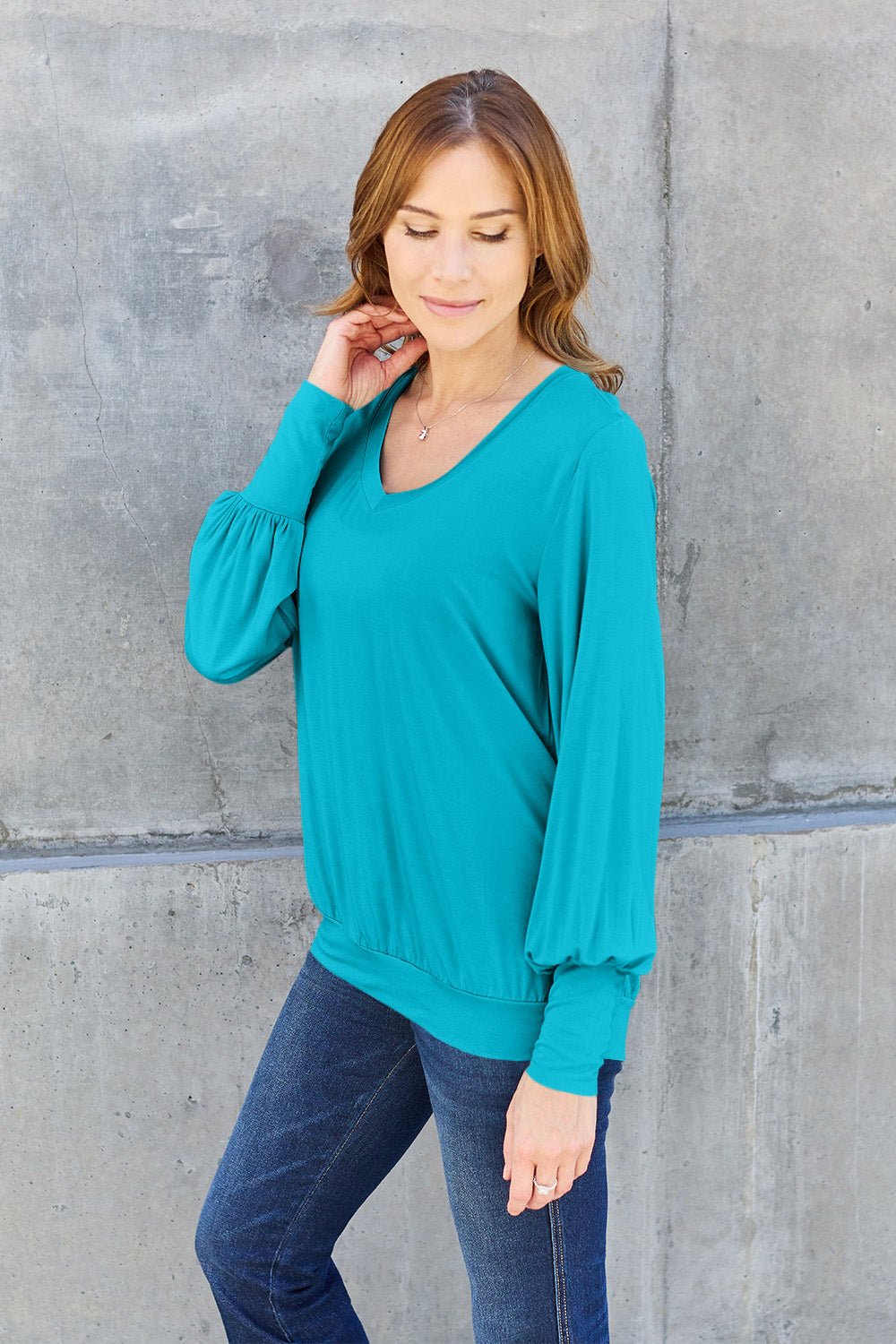 Basic Bae Full Size V-Neck Lantern Sleeve Top - The Coin Has A Say