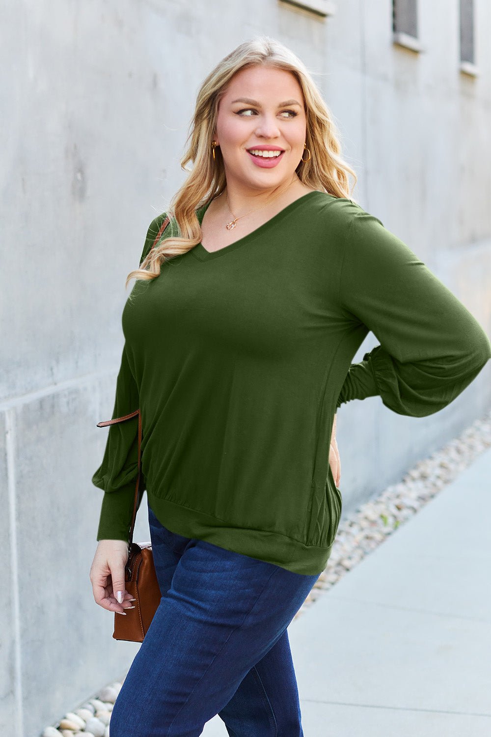 Basic Bae Full Size V-Neck Lantern Sleeve Top - The Coin Has A Say