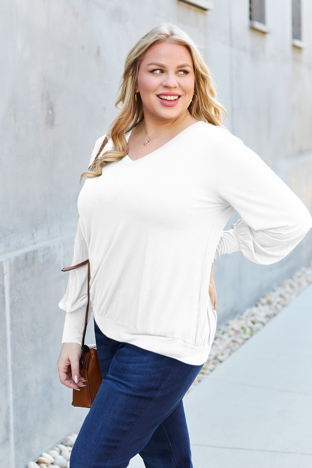 Basic Bae Full Size V-Neck Lantern Sleeve Top - The Coin Has A Say