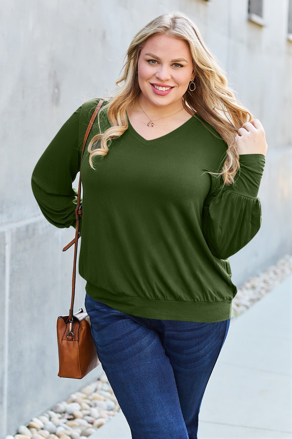 Basic Bae Full Size V-Neck Lantern Sleeve Top - The Coin Has A Say