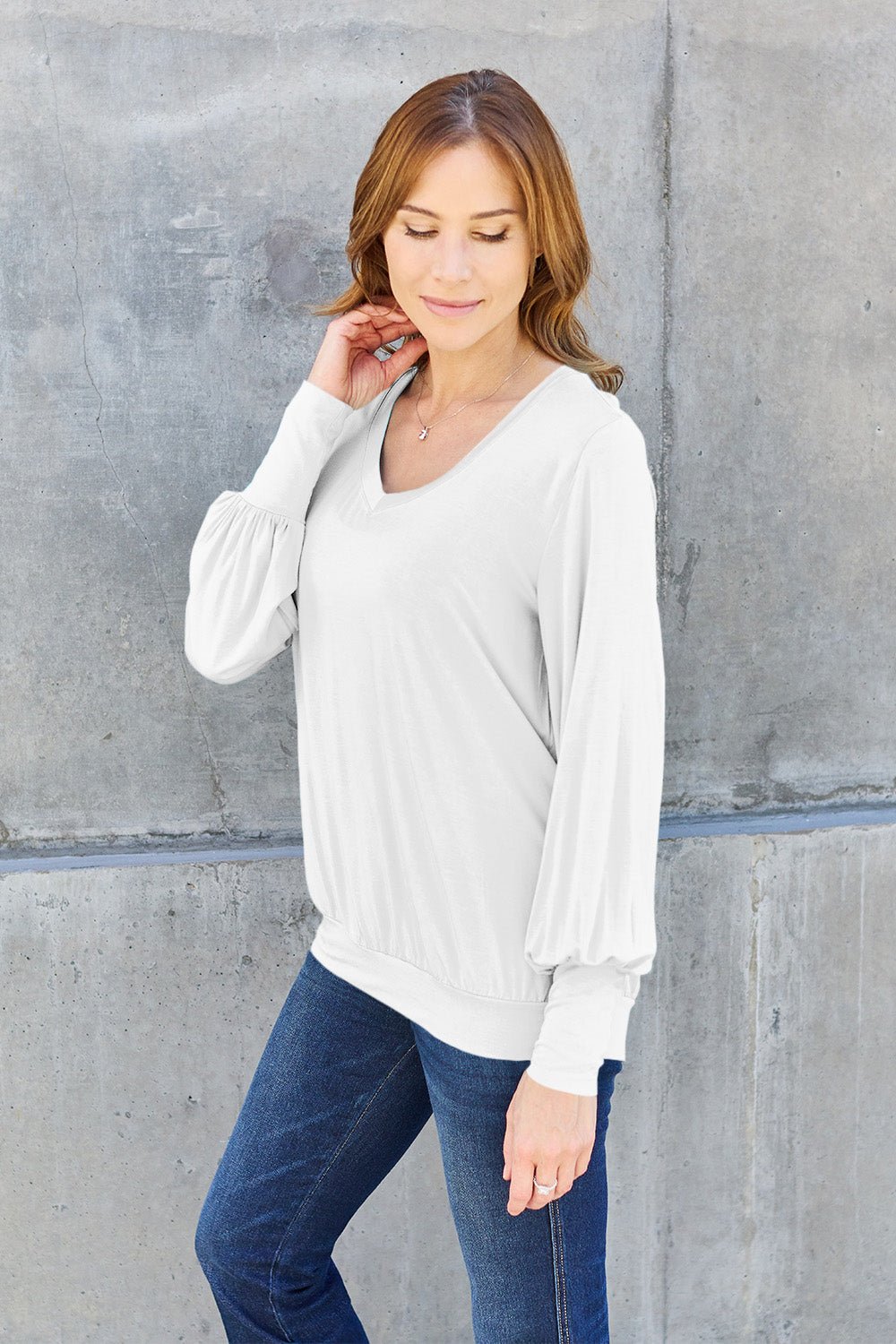 Basic Bae Full Size V-Neck Lantern Sleeve Top - The Coin Has A Say