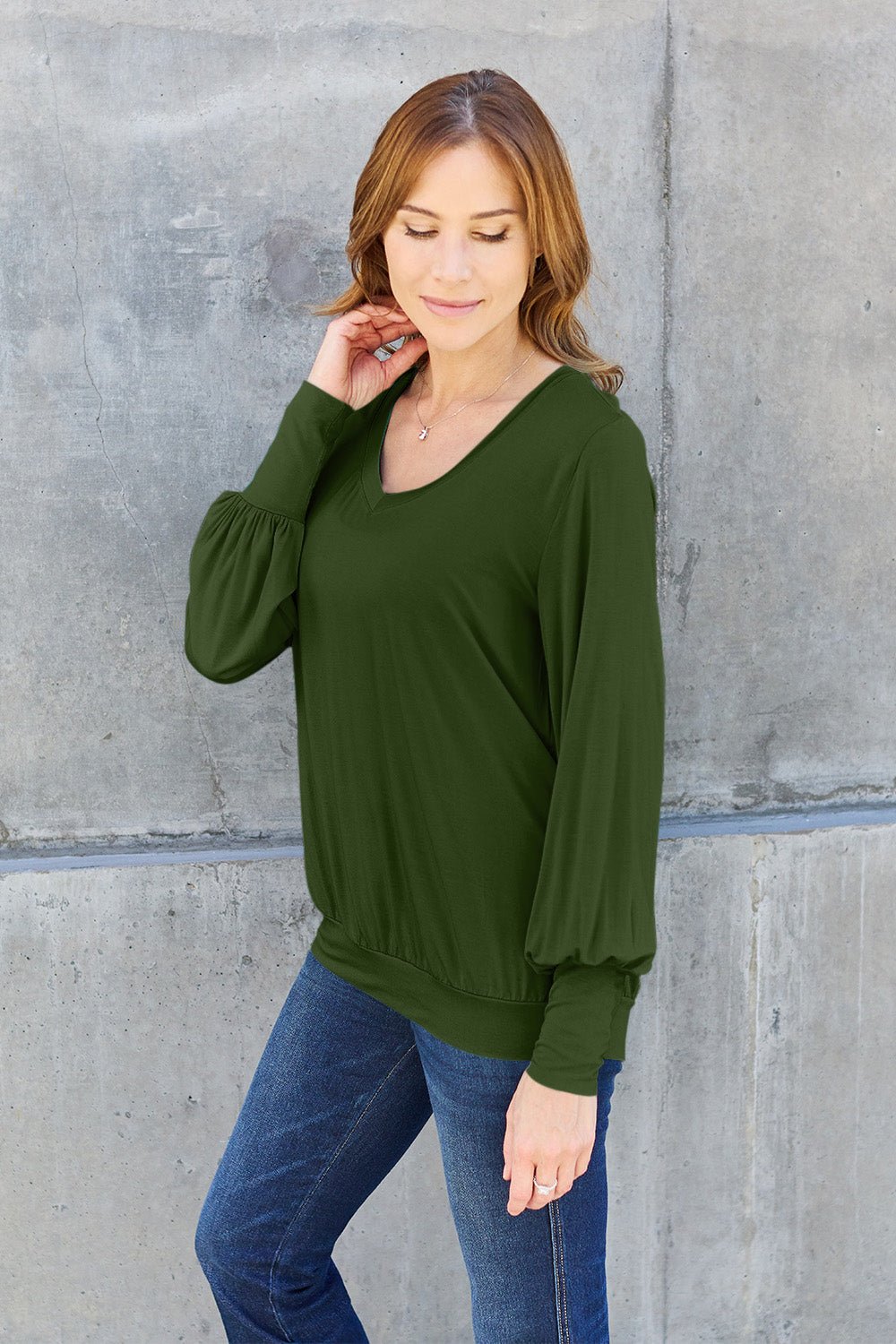 Basic Bae Full Size V-Neck Lantern Sleeve Top - The Coin Has A Say