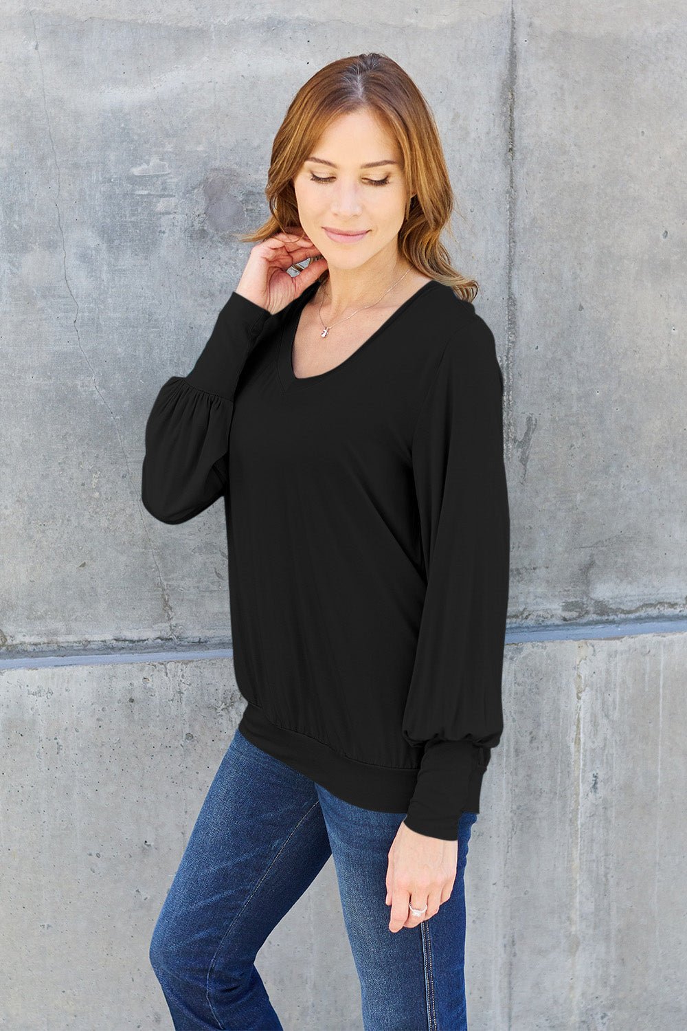 Basic Bae Full Size V-Neck Lantern Sleeve Top - The Coin Has A Say