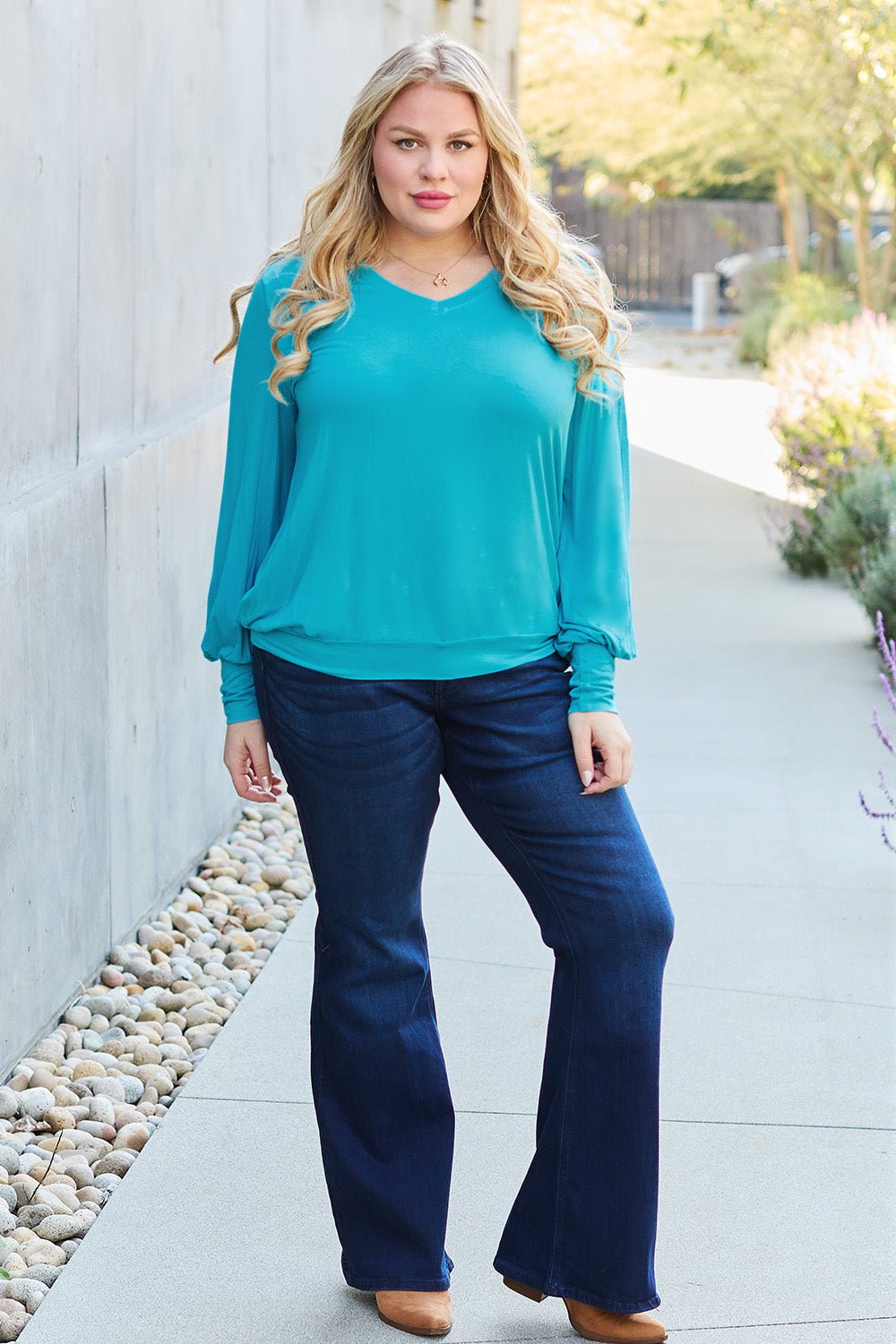 Basic Bae Full Size V-Neck Lantern Sleeve Top - The Coin Has A Say