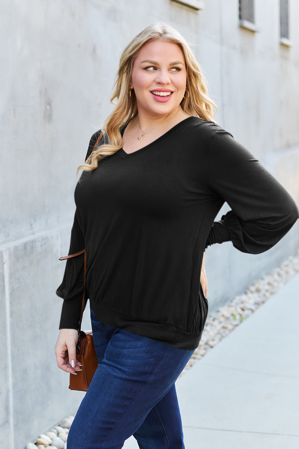 Basic Bae Full Size V-Neck Lantern Sleeve Top - The Coin Has A Say