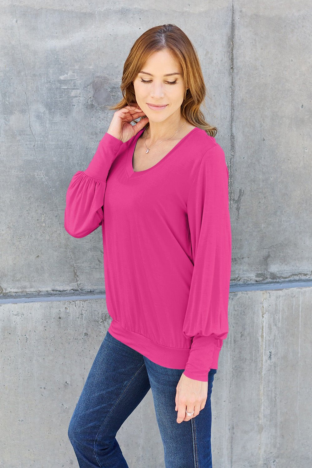 Basic Bae Full Size V-Neck Lantern Sleeve Top - The Coin Has A Say