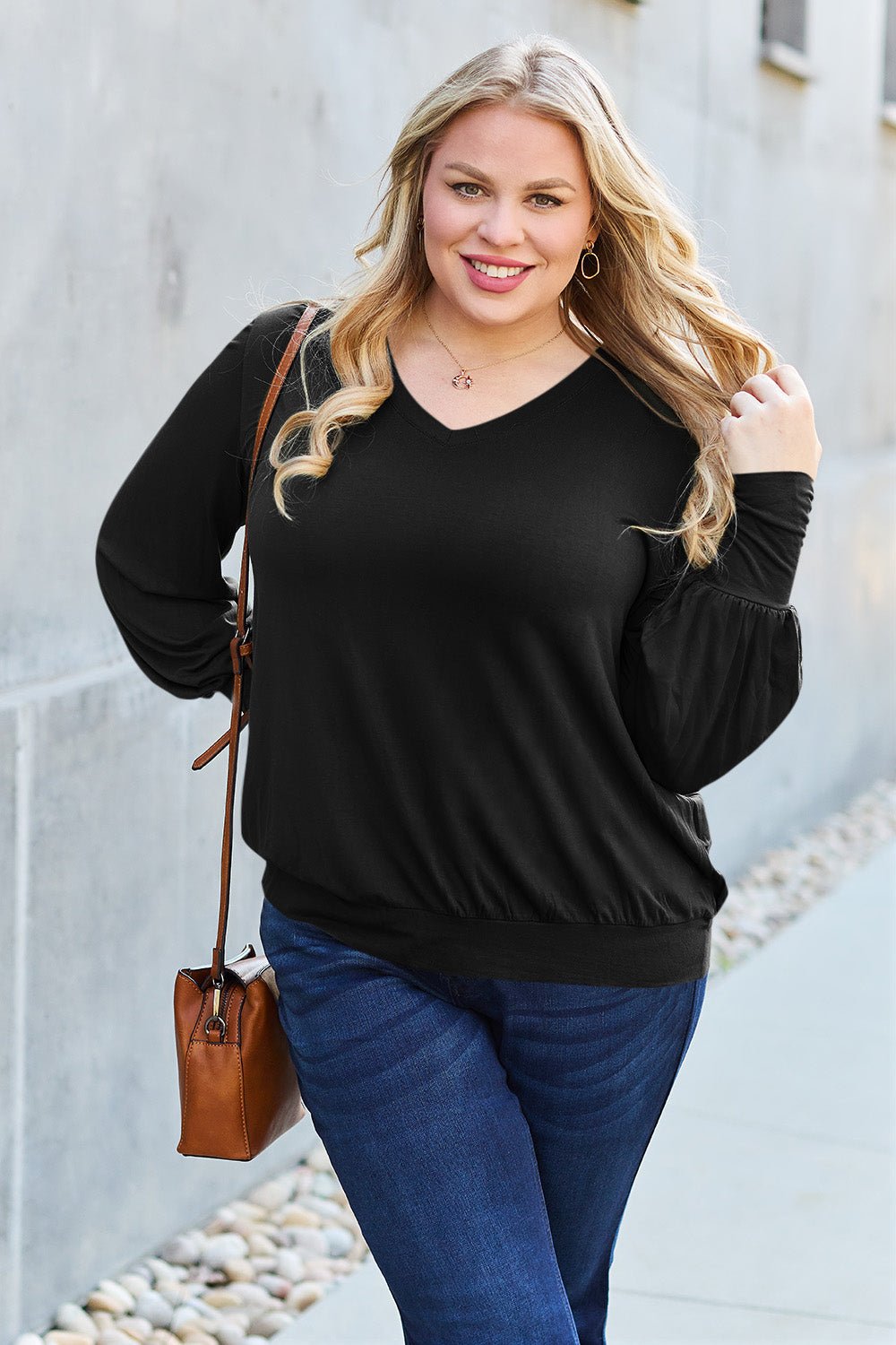 Basic Bae Full Size V-Neck Lantern Sleeve Top - The Coin Has A Say