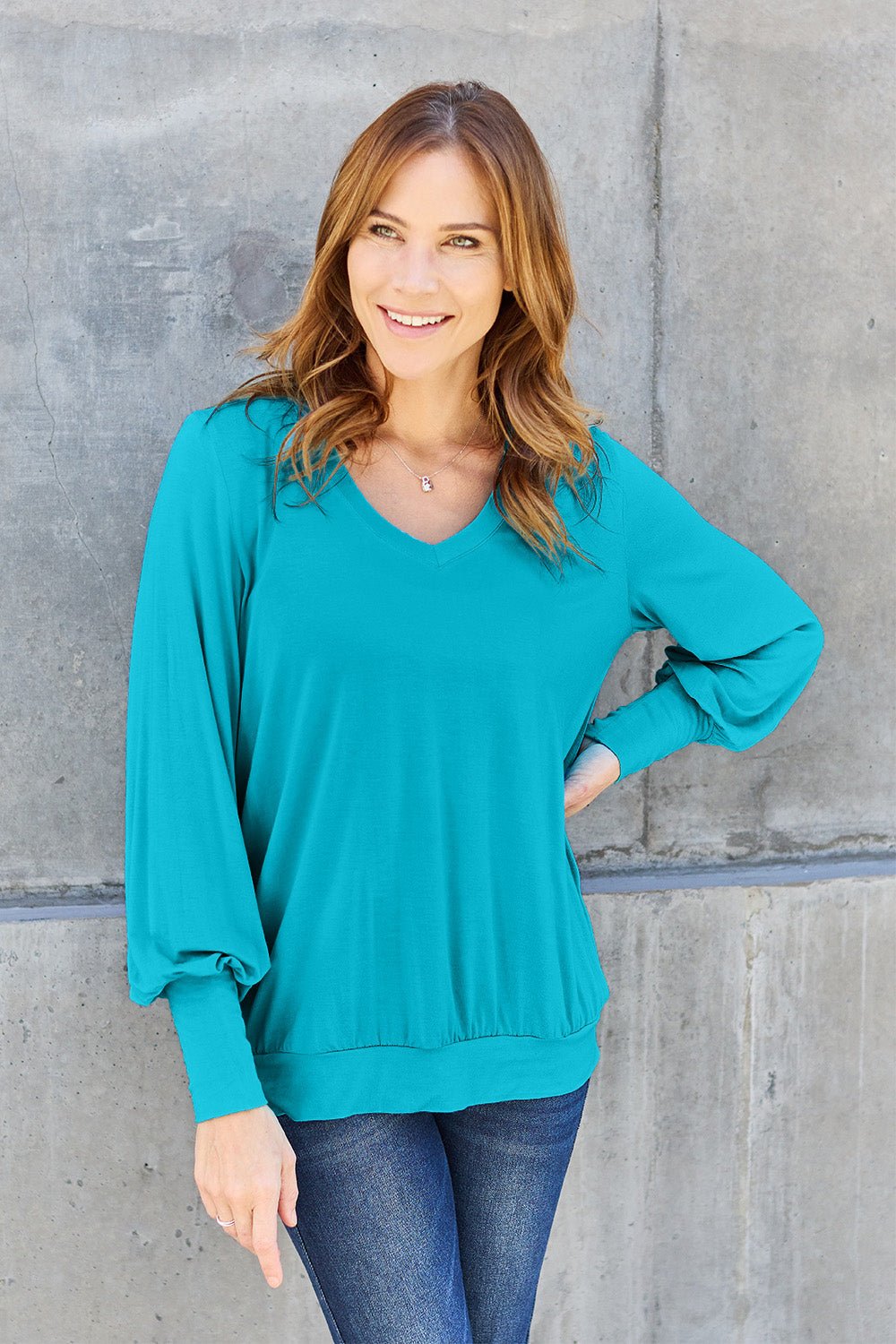 Basic Bae Full Size V-Neck Lantern Sleeve Top - The Coin Has A Say