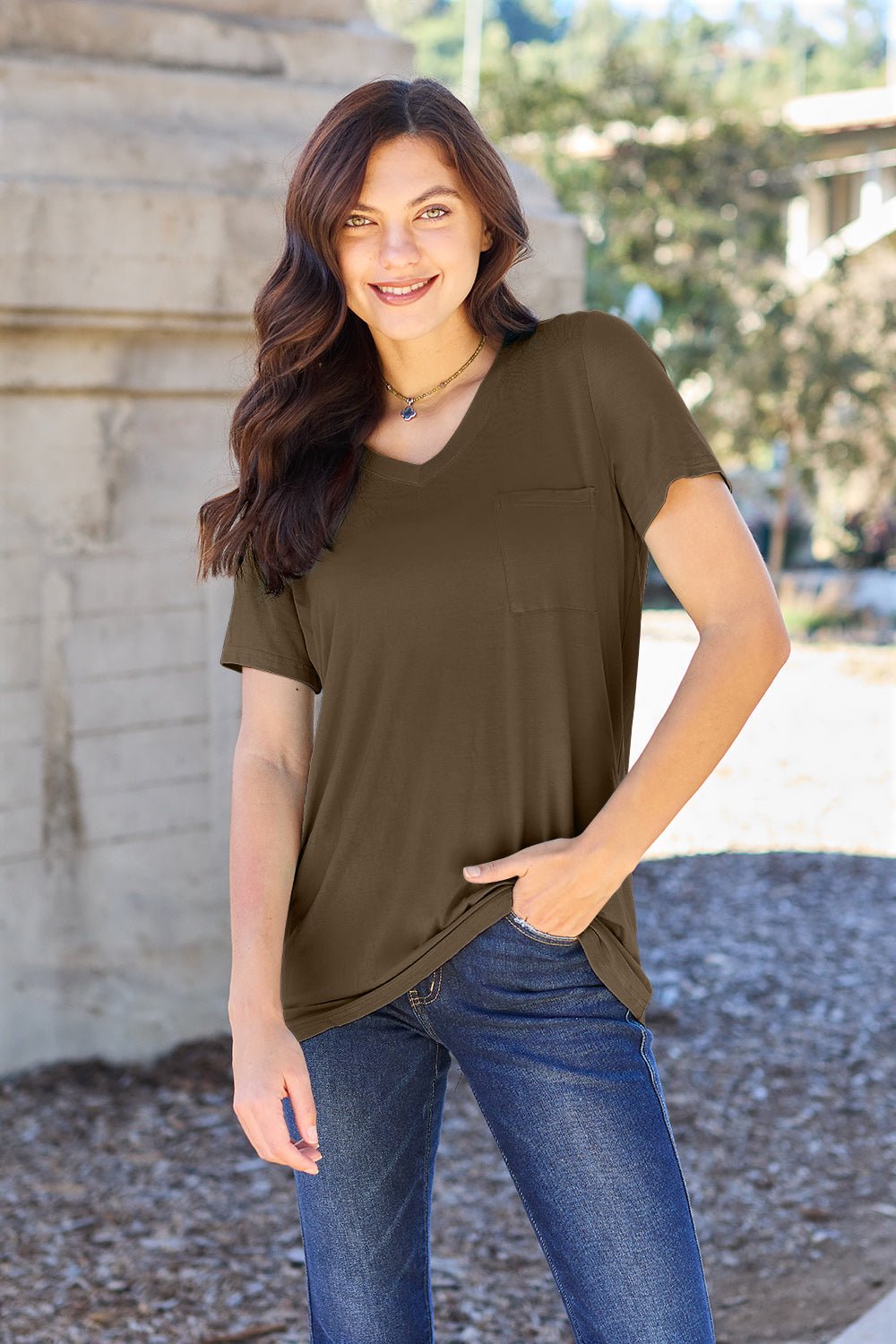 Basic Bae Full Size V-Neck Short Sleeve T-Shirt - The Coin Has A Say
