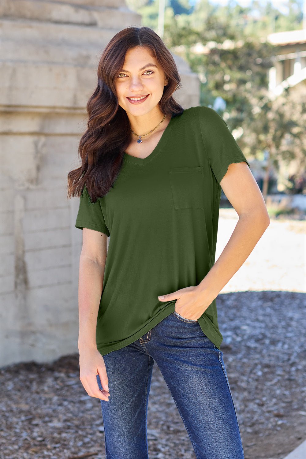 Basic Bae Full Size V-Neck Short Sleeve T-Shirt - The Coin Has A Say