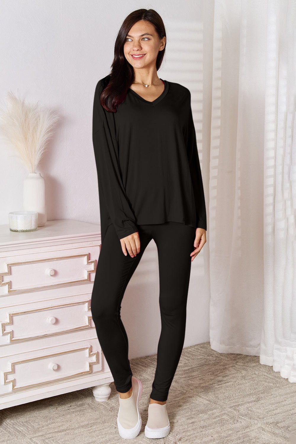 Basic Bae Full Size V-Neck Soft Rayon Long Sleeve Top and Pants Lounge Set - The Coin Has A Say