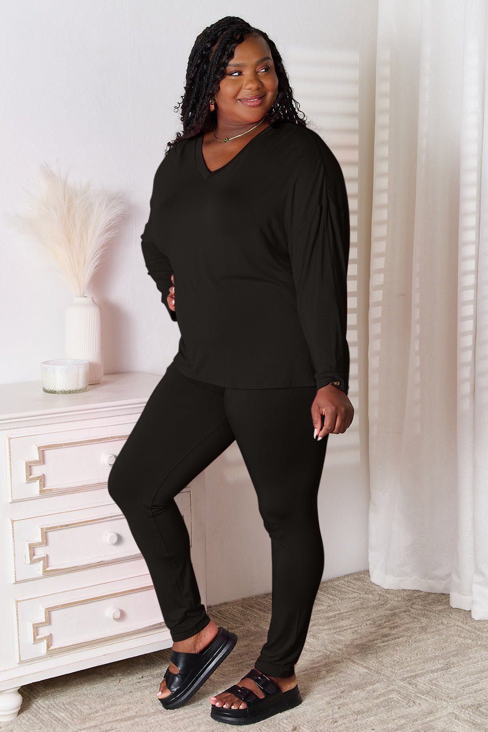 Basic Bae Full Size V-Neck Soft Rayon Long Sleeve Top and Pants Lounge Set - The Coin Has A Say
