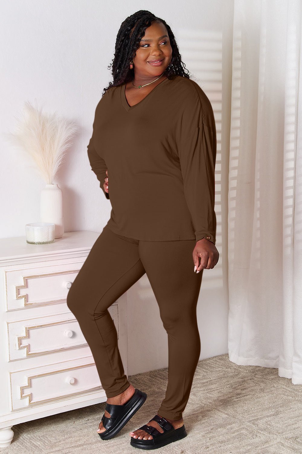 Basic Bae Full Size V-Neck Soft Rayon Long Sleeve Top and Pants Lounge Set - The Coin Has A Say