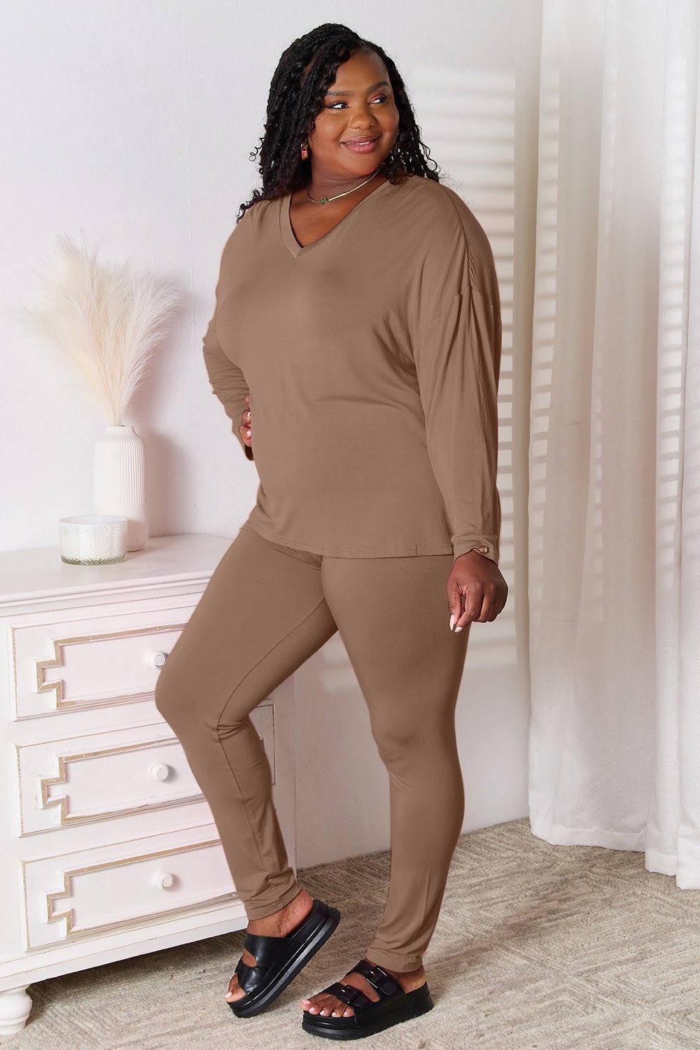 Basic Bae Full Size V-Neck Soft Rayon Long Sleeve Top and Pants Lounge Set - The Coin Has A Say