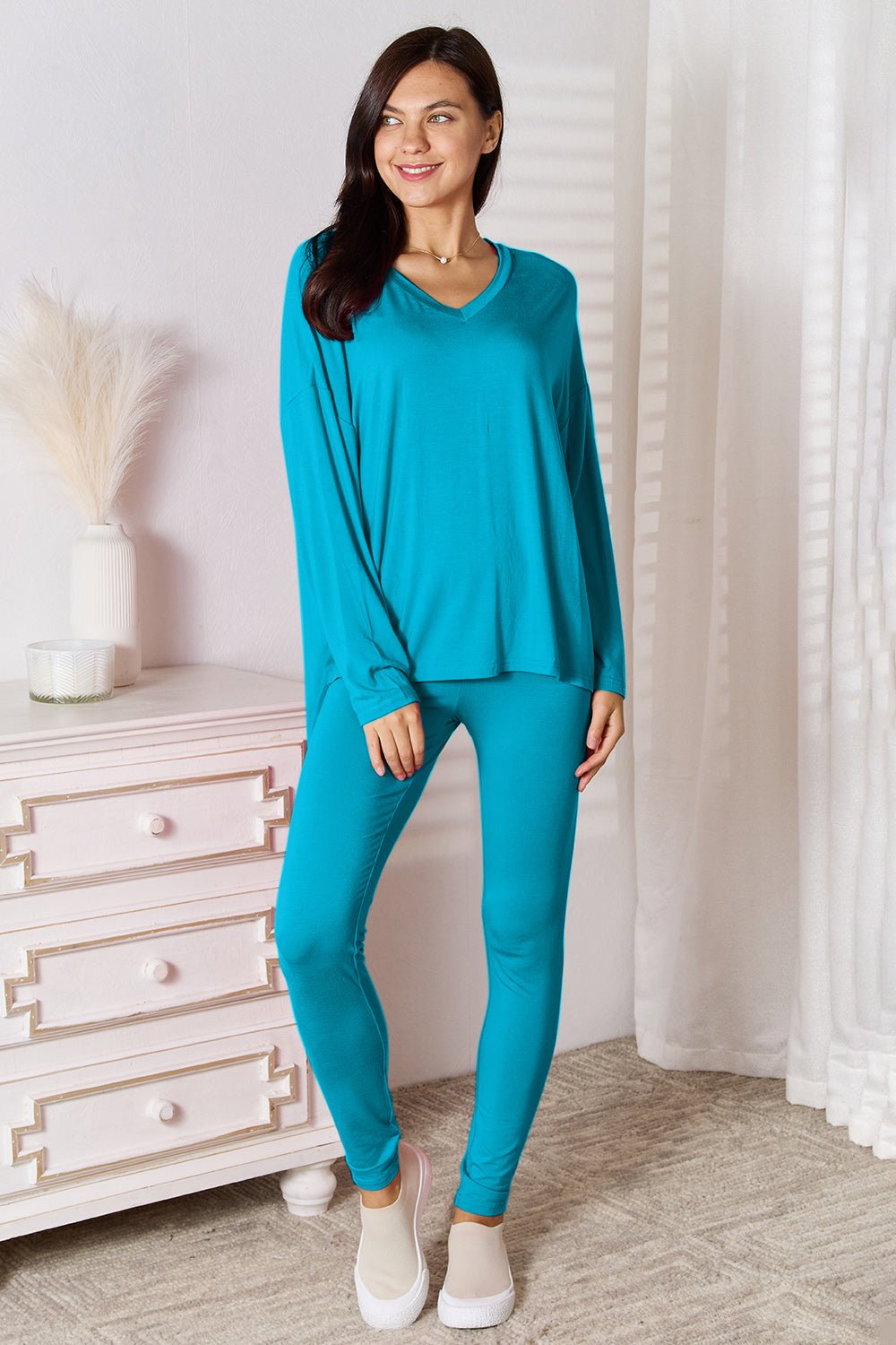 Basic Bae Full Size V-Neck Soft Rayon Long Sleeve Top and Pants Lounge Set - The Coin Has A Say
