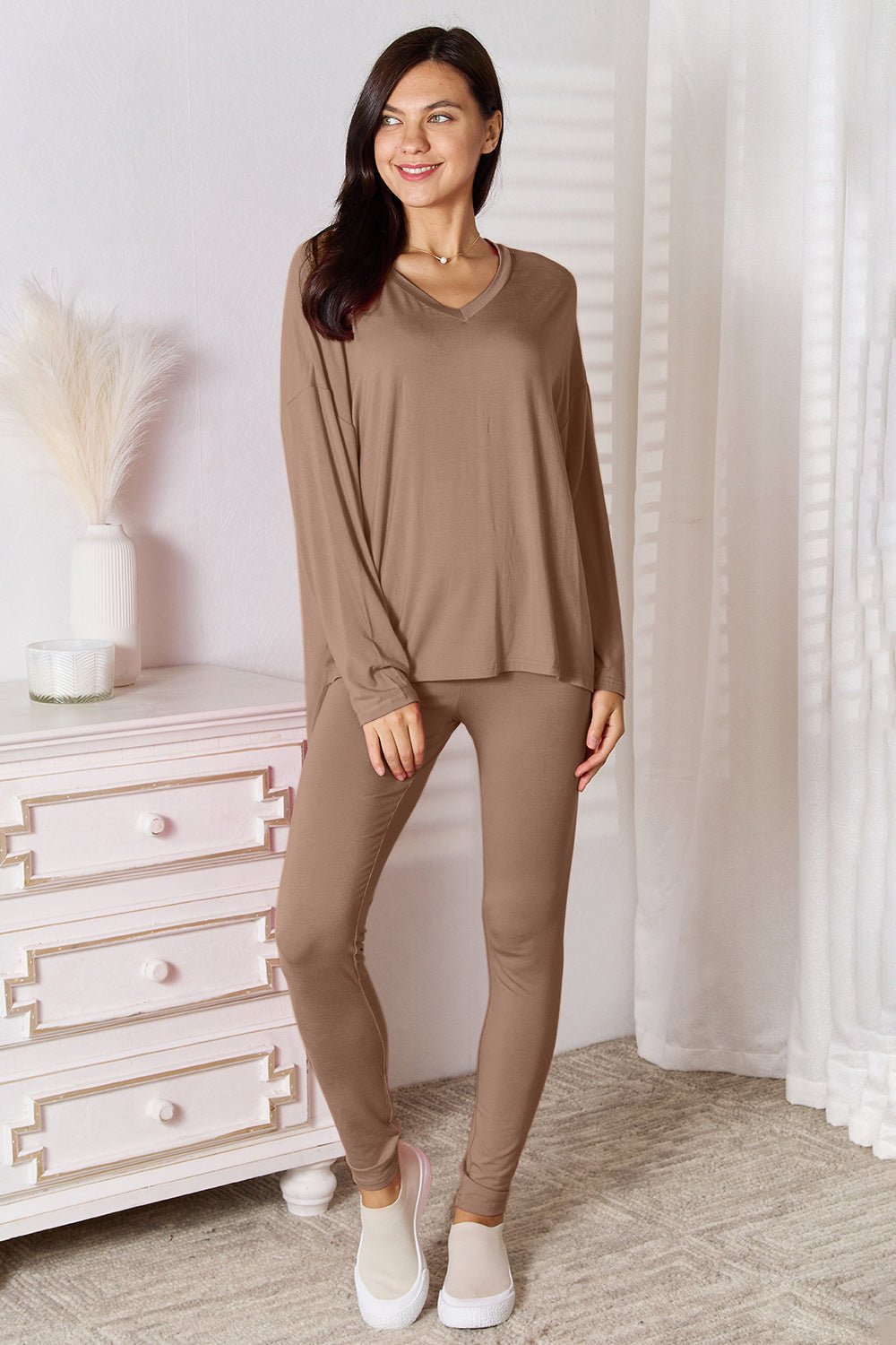 Basic Bae Full Size V-Neck Soft Rayon Long Sleeve Top and Pants Lounge Set - The Coin Has A Say