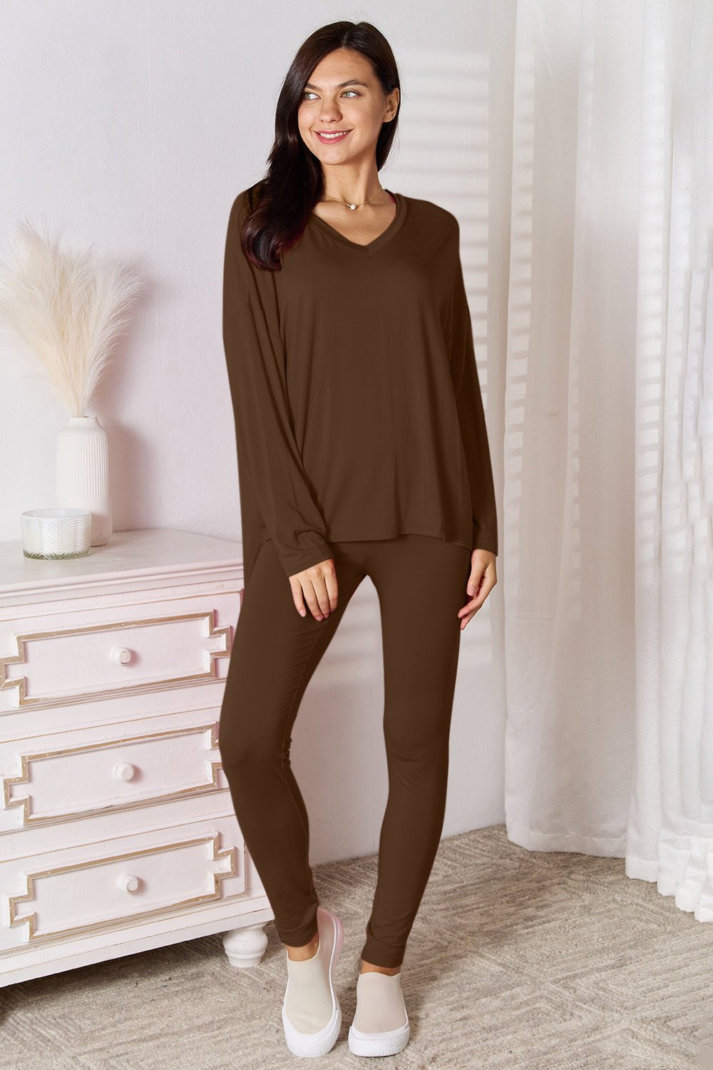 Basic Bae Full Size V-Neck Soft Rayon Long Sleeve Top and Pants Lounge Set - The Coin Has A Say
