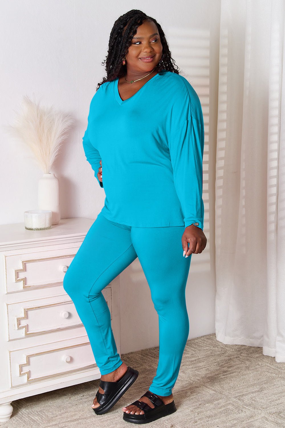 Basic Bae Full Size V-Neck Soft Rayon Long Sleeve Top and Pants Lounge Set - The Coin Has A Say