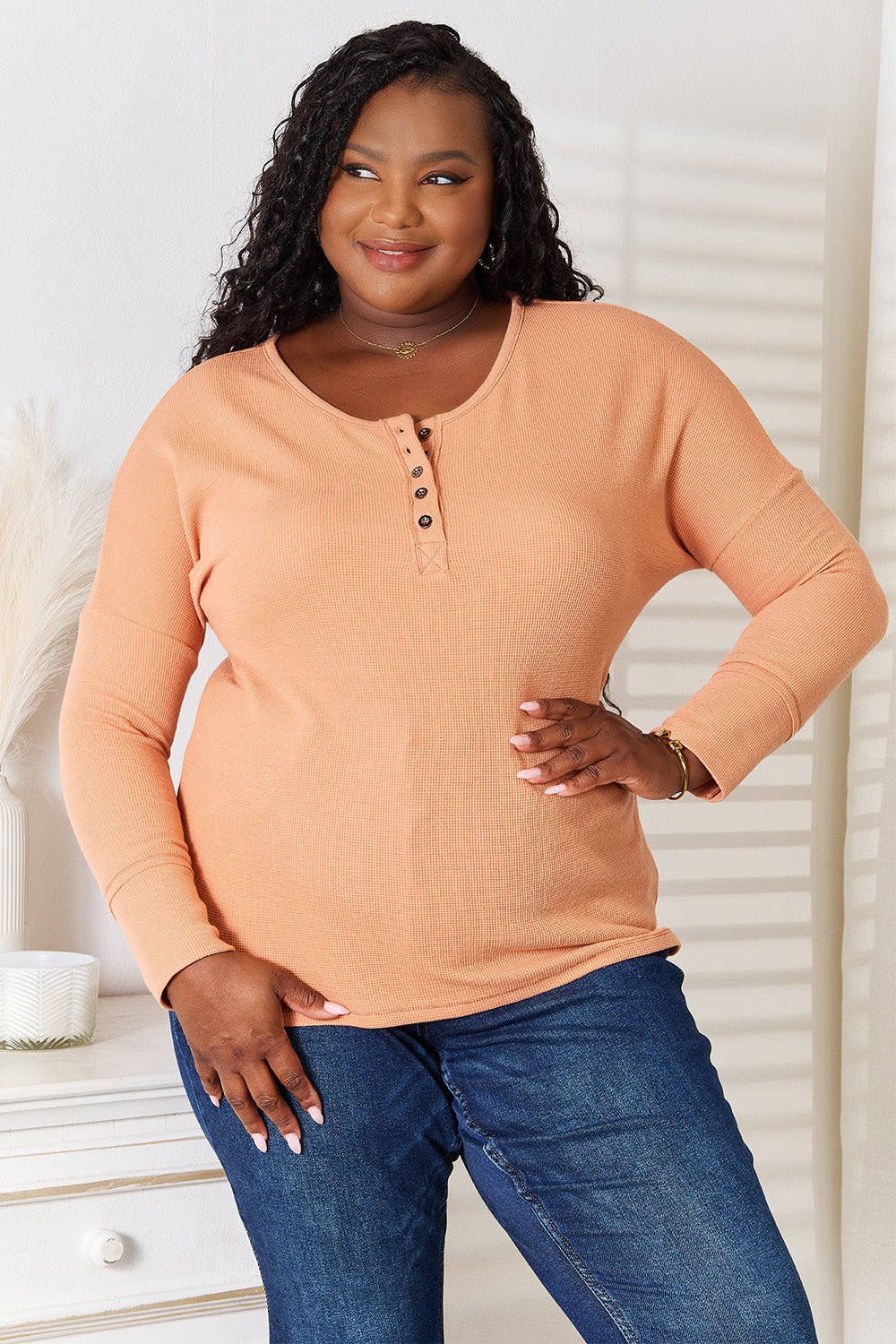 Basic Bae Half Button Long Sleeve Top - The Coin Has A Say