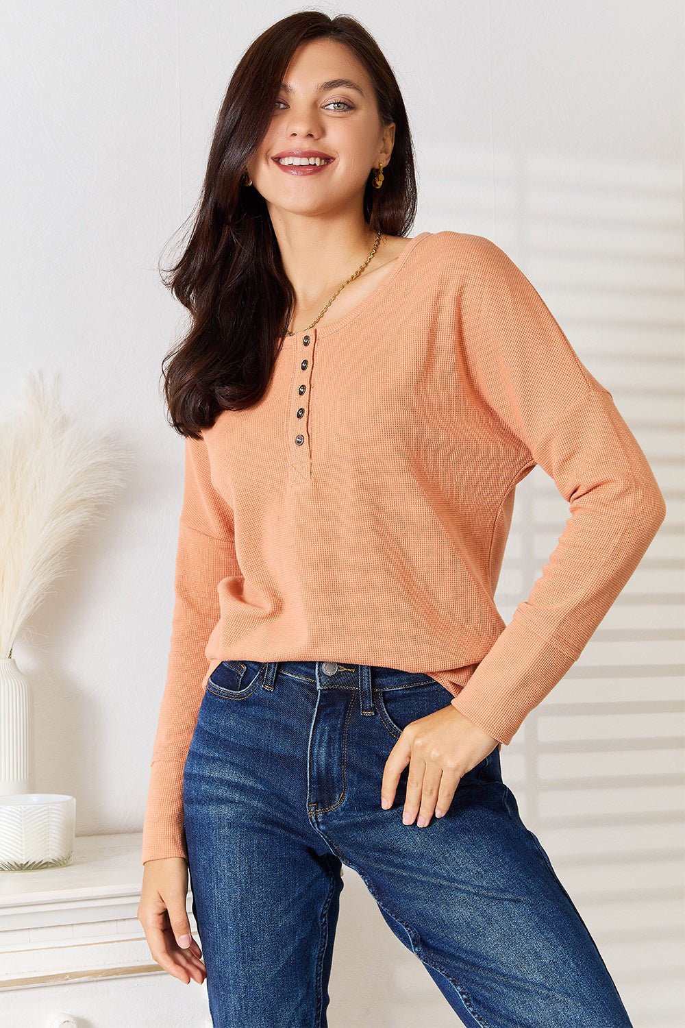 Basic Bae Half Button Long Sleeve Top - The Coin Has A Say