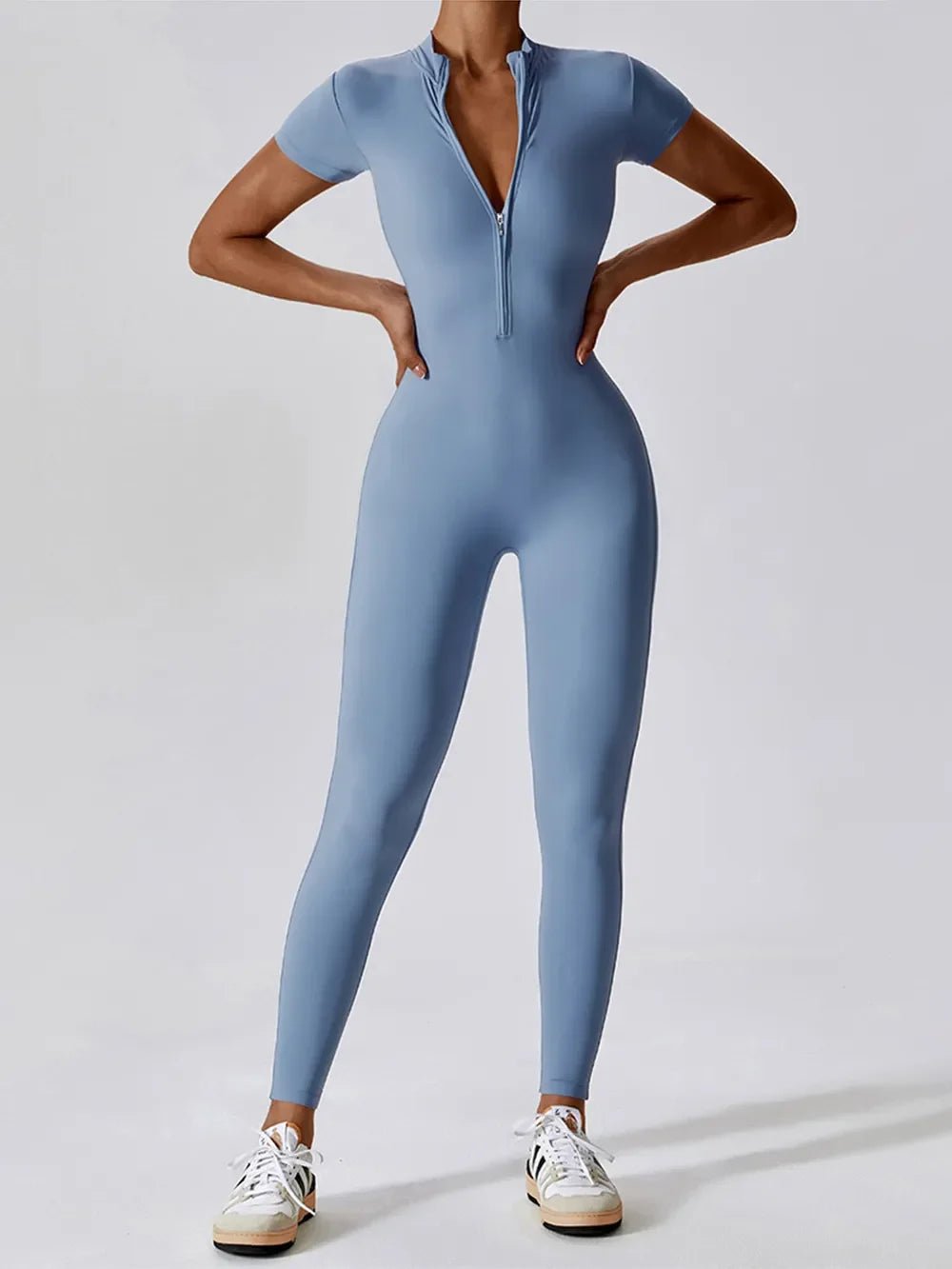 Basic Bae Half Zip Short Sleeve Active Jumpsuit - The Coin Has A Say