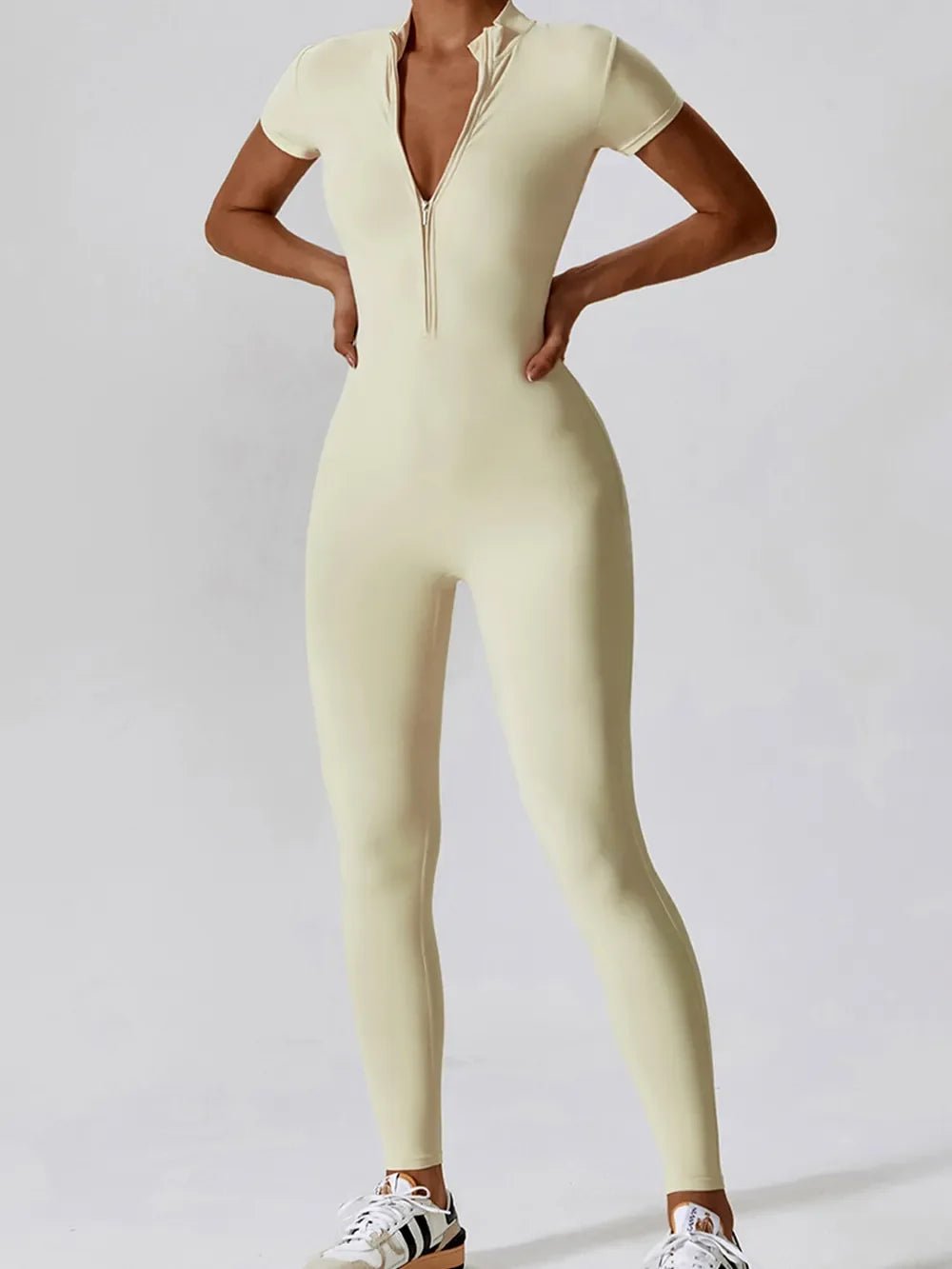 Basic Bae Half Zip Short Sleeve Active Jumpsuit - The Coin Has A Say