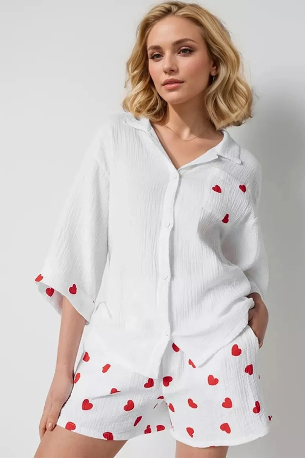 Basic Bae Heart Collared Neck Button Down Top and Shorts Set - The Coin Has A Say