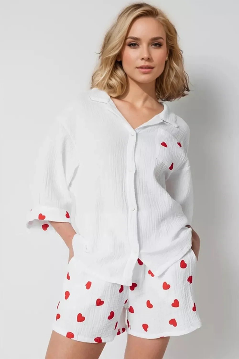 Basic Bae Heart Collared Neck Button Down Top and Shorts Set - The Coin Has A Say
