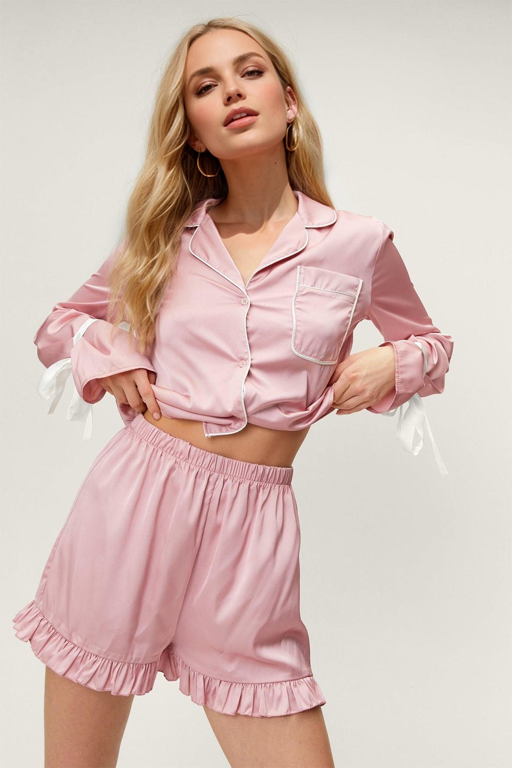 Basic Bae Tied Cuff Collared Neck Top and Frill Shorts Lounge Set - The Coin Has A Say