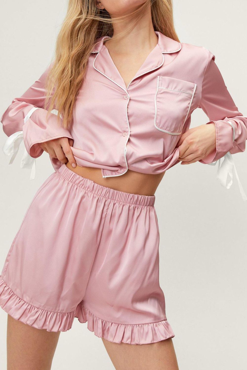 Basic Bae Tied Cuff Collared Neck Top and Frill Shorts Lounge Set - The Coin Has A Say