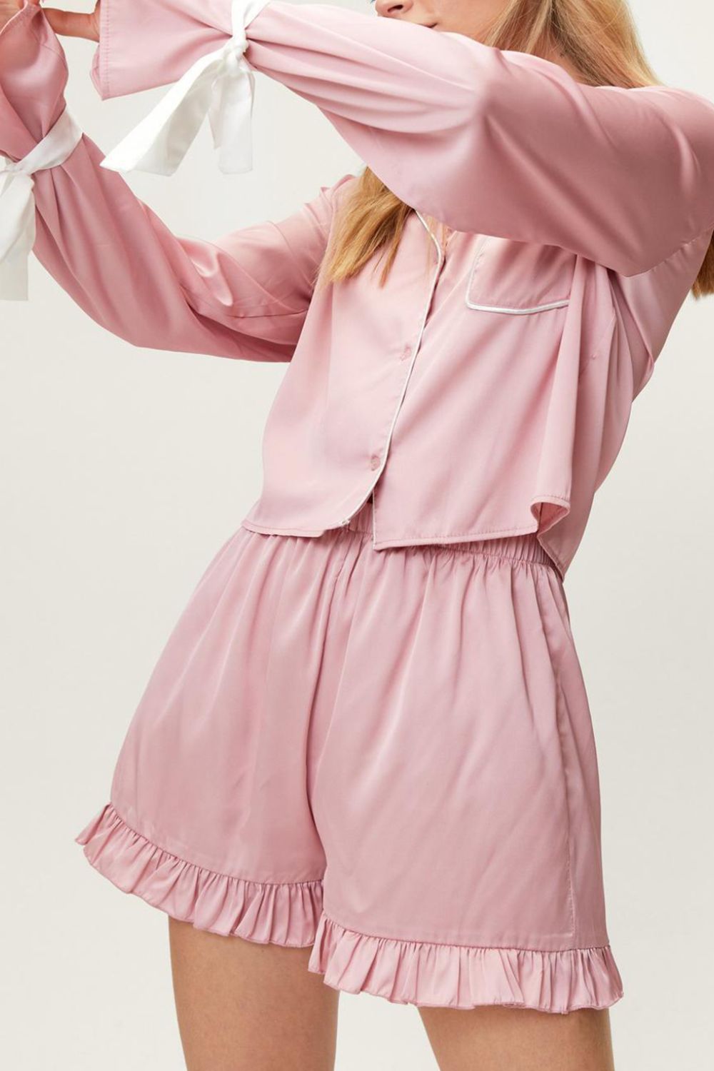 Basic Bae Tied Cuff Collared Neck Top and Frill Shorts Lounge Set - The Coin Has A Say