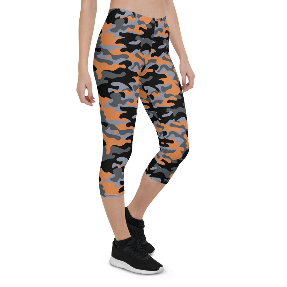 Orange and Gray Camo Capri Leggings for Women - The Coin Has A Say