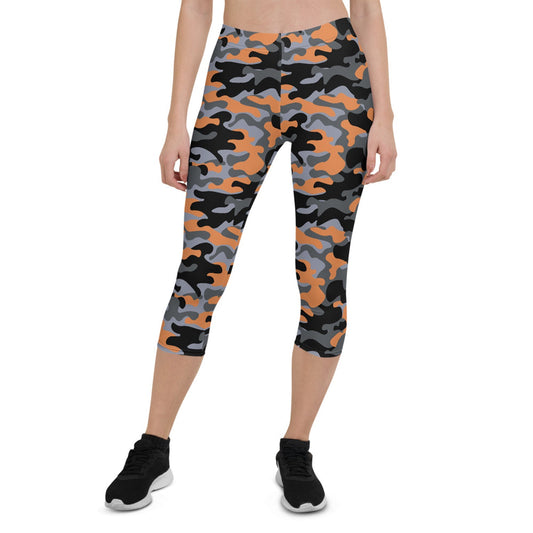 Orange and Gray Camo Capri Leggings for Women - The Coin Has A Say