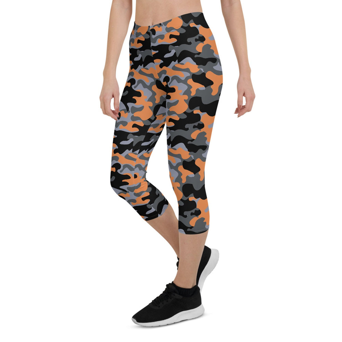 Orange and Gray Camo Capri Leggings for Women - The Coin Has A Say