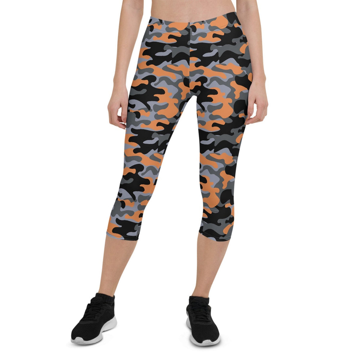 Orange and Gray Camo Capri Leggings for Women - The Coin Has A Say