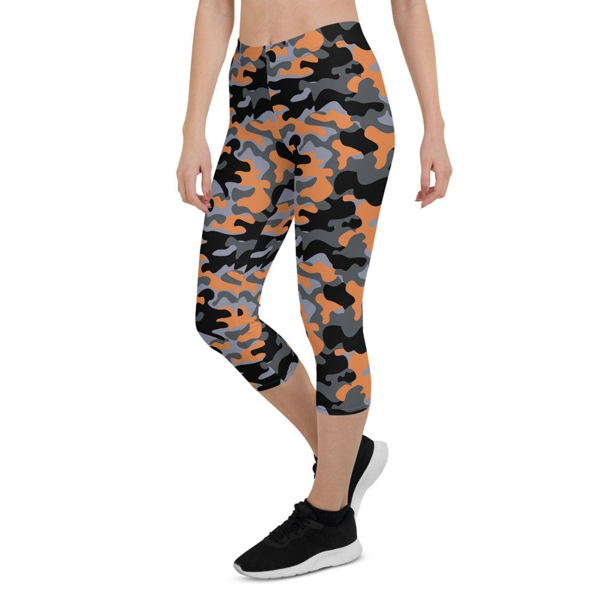 Orange and Gray Camo Capri Leggings for Women - The Coin Has A Say
